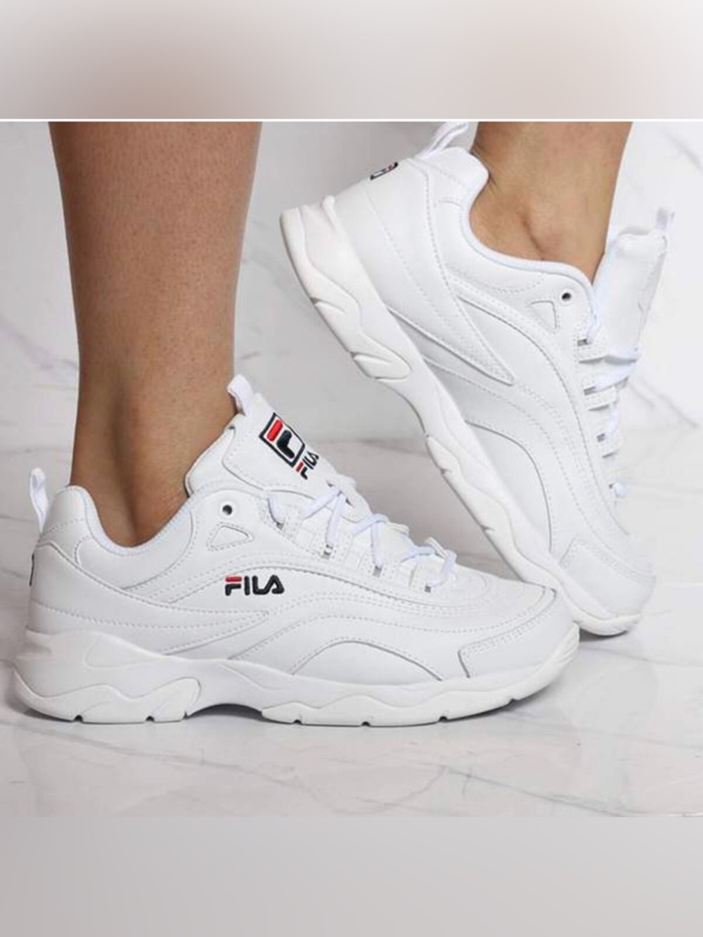 Fila White Leather Sneakers with Red & Navy Logo